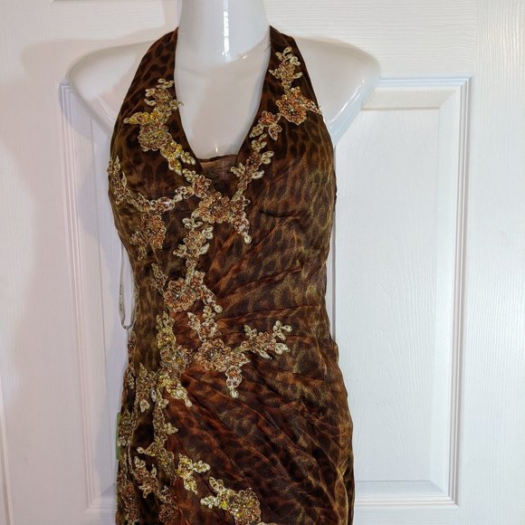 Jasz Couture Leopard Beaded Ruffled Tiers Halter Maxi Dress - size 2 NWT - Picture 2 of 16